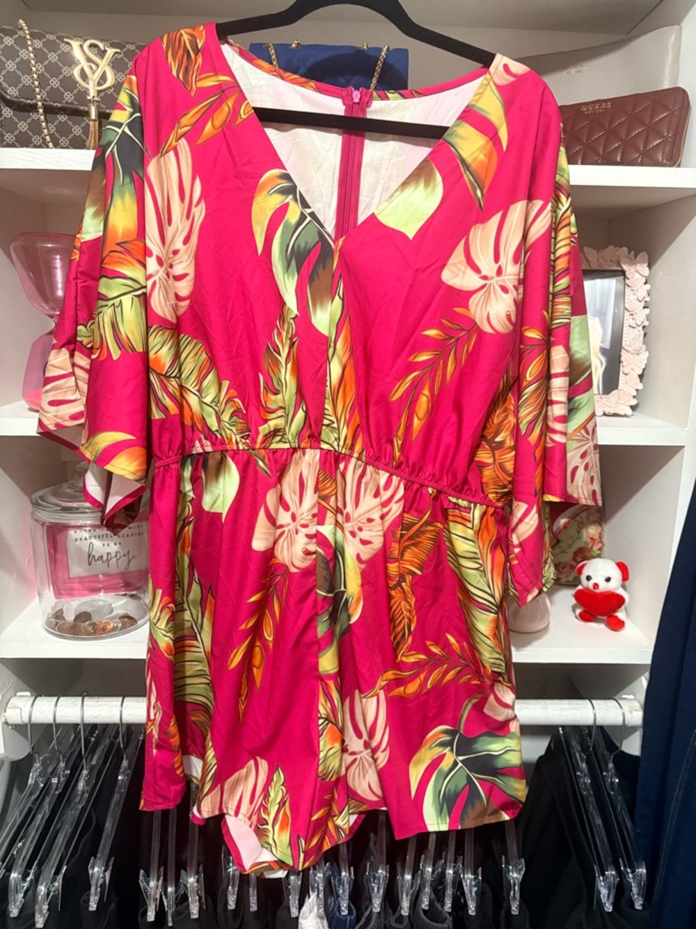 SHEIN Hot Pink Tropical Print V-Neck Romper